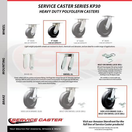 Service Caster 5 Inch Kingpinless Polyolefin Wheel Caster Brakes and Swivel Locks 2 Rigid, 2PK SCC-KP30S520-POR-SLB-BSL-2-R-2